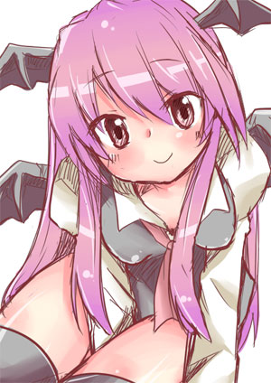 alternate_hair_color, altorealize, bat_wings, blush, head_wings, koakuma, long_hair, looking_at_viewer, lowres, purple_hair, sketch, smile, solo, the_embodiment_of_scarlet_devil, thigh-highs, thighhighs, touhou, wings