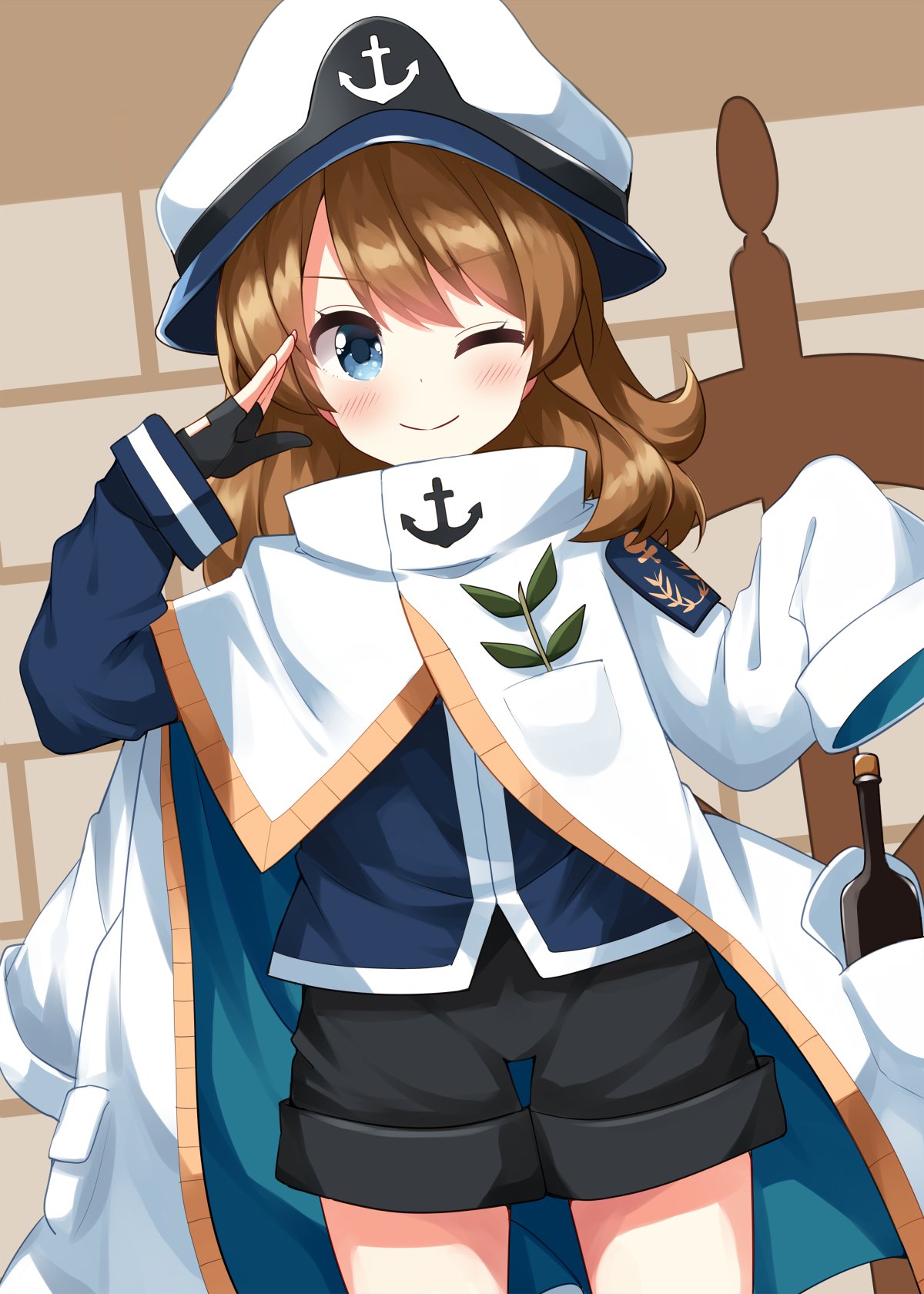 1girl, ;), black_gloves, black_shorts, blue_eyes, blue_shirt, blush, bottle
