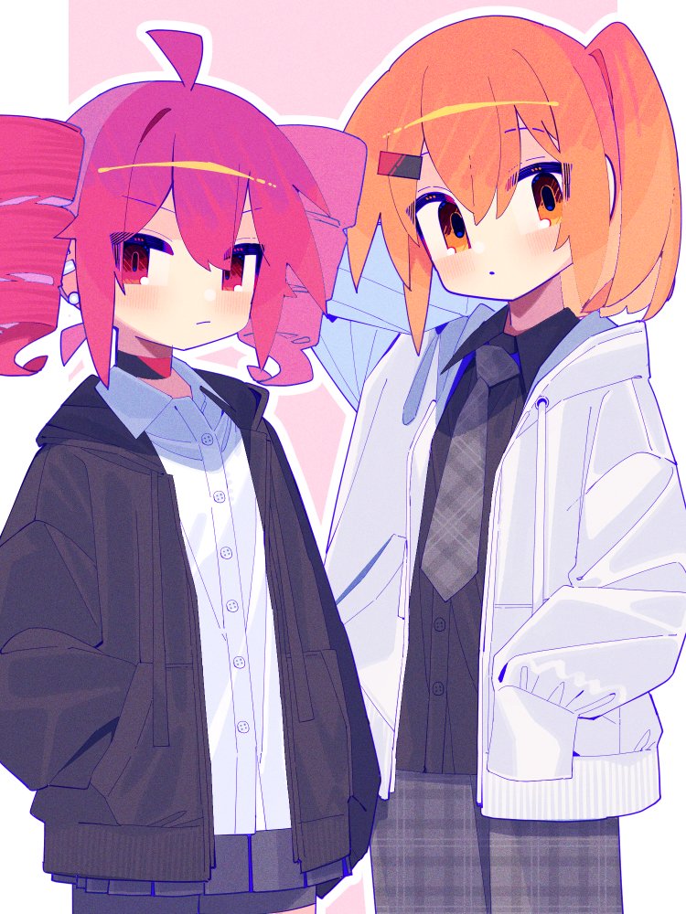 2girls, a.i._voice, adachi_rei, ahoge, alternate_costume, aoi_tsuyu, arm_behind_head, black_choker