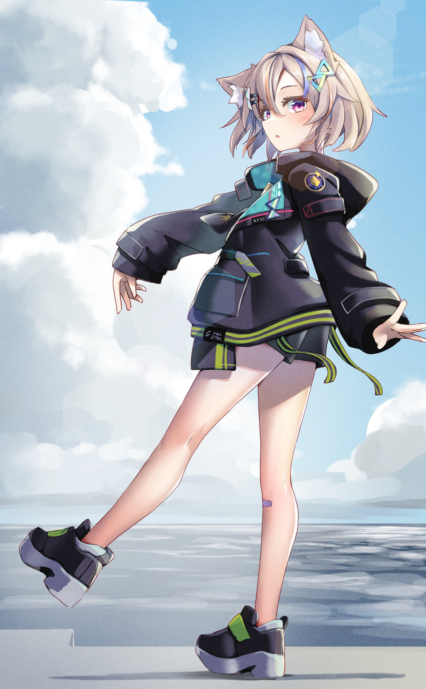 1girl, absurdres, animal_ear_fluff, animal_ears, bandaid, bandaid_on_knee, bandaid_on_leg, bare_legs