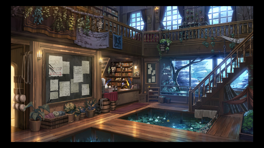 banister, bookshelf, bulletin_board, cupboard, fantasy, herb_bundle, highres, indoors