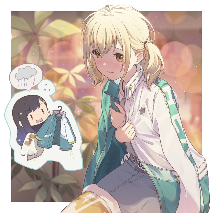 2girls, absurdres, azusawa_kohane, black_hair, blonde_hair, blush, denim, flying_sweatdrops, highres, jacket, mammun_728, multiple_girls, project_sekai, shiraishi, shiraishi_an, shirt, sitting, twintails, white_shirt