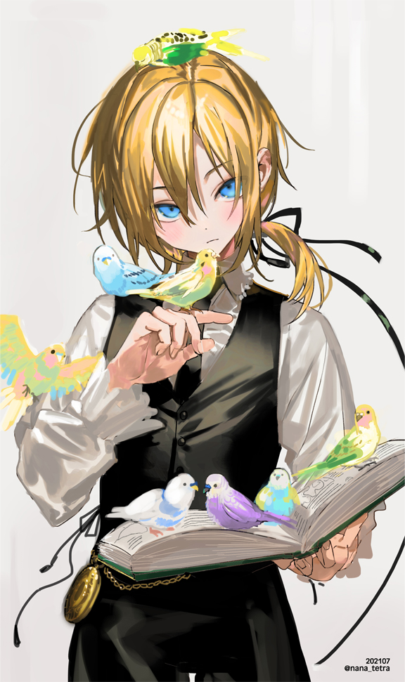 1boy, androgynous, animal_on_arm, animal_on_head, animal_on_shoulder, bird, bird_on_arm, bird_on_book, bird_on_hand, bird_on_head, bird_on_shoulder, black_necktie, black_pants, black_vest, blonde_hair, blue_eyes, blush, book, closed_mouth, commentary_request, cowboy_shot, frilled_cuffs, hair_between_eyes, hair_ribbon, holding, holding_book, looking_at_viewer, male_focus, medium_hair, nana_tetra, necktie, on_head, open_book, original, pants, pocket_watch, ribbon, shirt, side_ponytail, simple_background, solo, too_many, too_many_birds, twitter_username, vest, watch, white_background, white_shirt