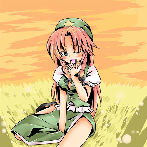 altorealize, beret, blue_eyes, braid, hat, hong_meiling, long_hair, lowres