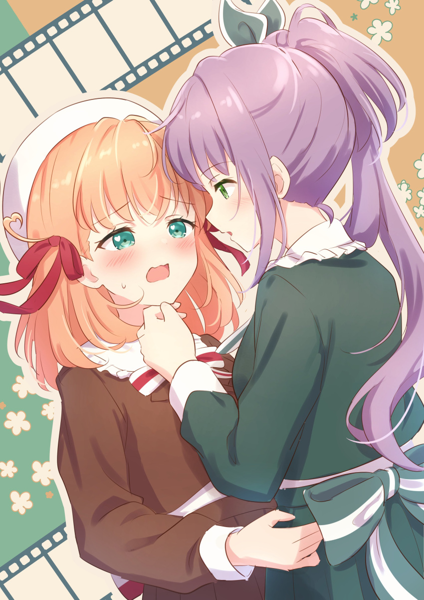 2girls, absurdres, aqua_eyes, back_bow, beret, blush, bow, brown_background
