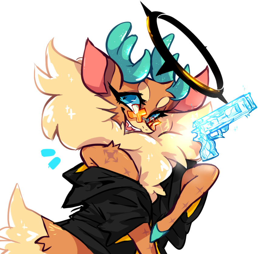 animal, animal_focus, antlers, black_jacket, blue_eyes, clothed_animal, commentary, cosplay