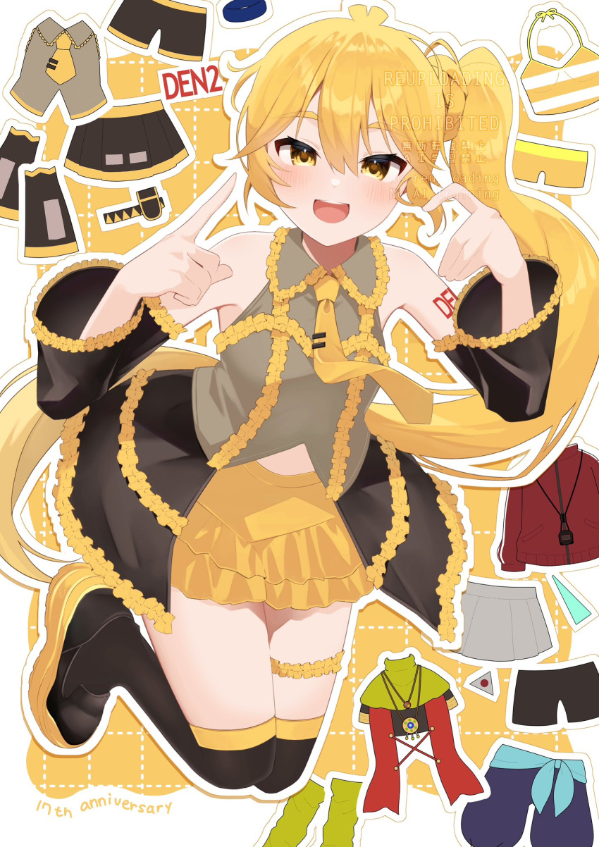 1girl, akita_neru, antenna_hair, bare_shoulders, birthday, black_boots, black_sleeves, blonde_hair