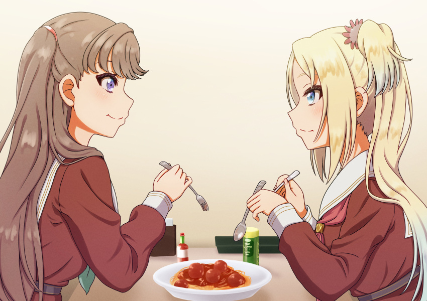 2girls, absurdres, aqua_neckerchief, blonde_hair, blue_eyes, blue_hair, brown_dress, brown_hair