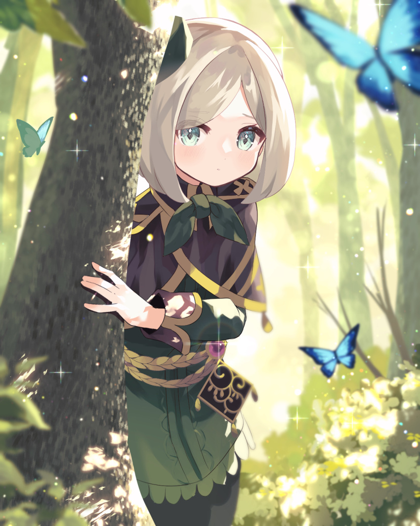 1boy, aromage_laurel, behind_tree, bishounen, blonde_hair, blue_butterfly, blue_eyes, bow