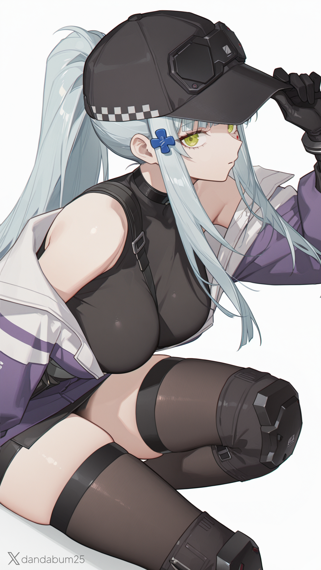 1girl, arm_behind_back, bare_shoulders, black_gloves, blue_hair, breasts, clothes_pull, cross, dandabum25, expressionless, from_side, girls'_frontline_2:_exilium, girls_frontline, gloves, green_eyes, hair_ornament, hairclip, hand_up, highres, hk416_(girls'_frontline), iron_cross, jacket, jacket_pull, klukai_(girls'_frontline_2), long_hair, looking_at_viewer, medium_breasts, off_shoulder, open_clothes, open_jacket, ponytail, sitting, skindentation, solo, thigh-highs, thighs, very_long_hair, white_hair