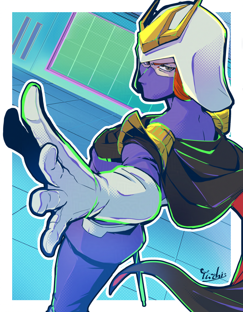 1girl, black_cape, border, cape, commentary_request, gloves, grey_eyes, gundam, helmet, kycilia_zabi, long_hair, mask, mobile_suit_gundam, mouth_mask, orange_hair, outline, outside_border, pants, purple_pants, solo, standing, v-shaped_eyebrows, white_border, white_gloves, white_outline, yu-chi_(ahamma)