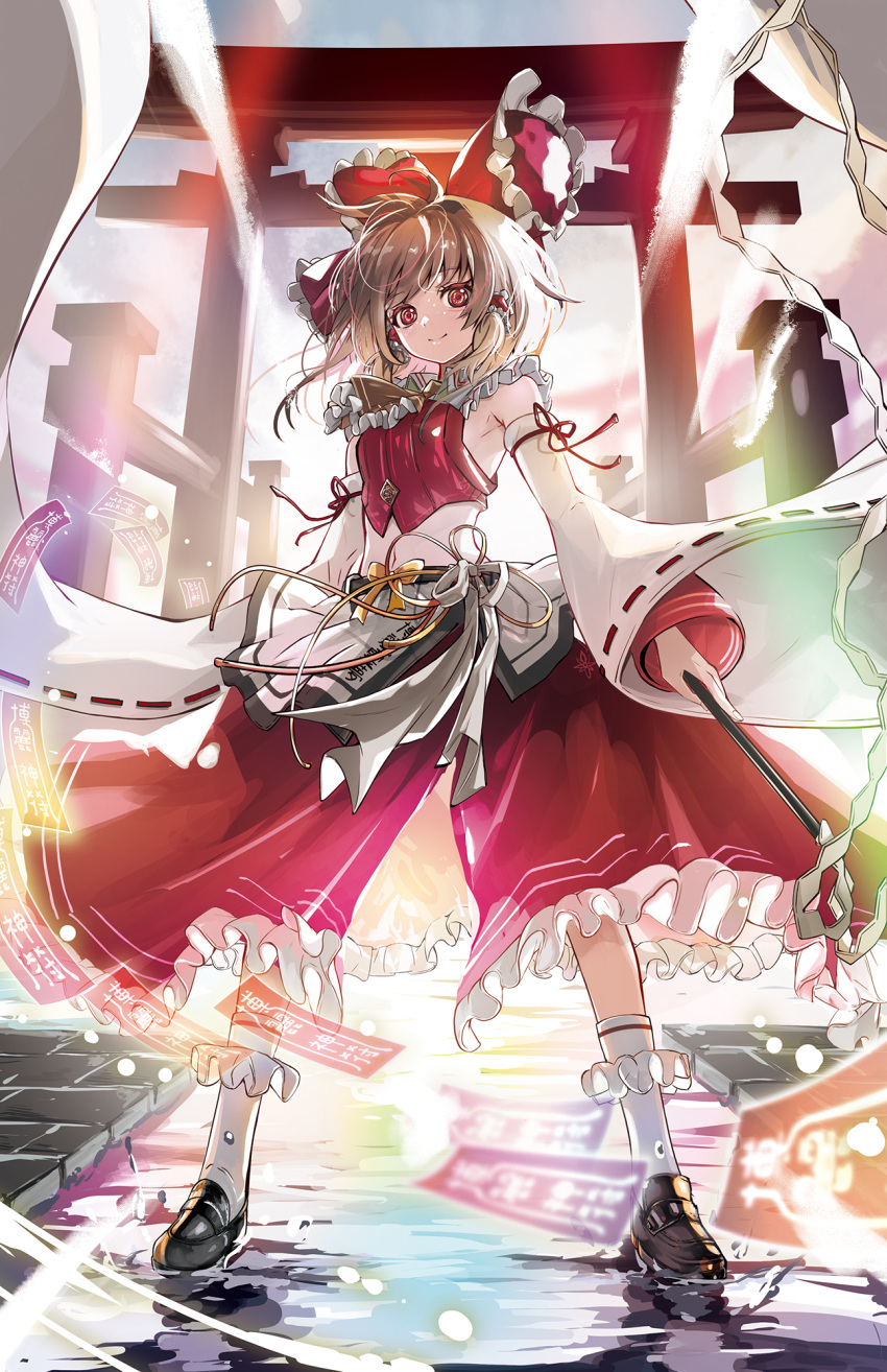 1girl, adapted_costume, armpits, ascot, black_shoes, bow, breasts, brown_hair