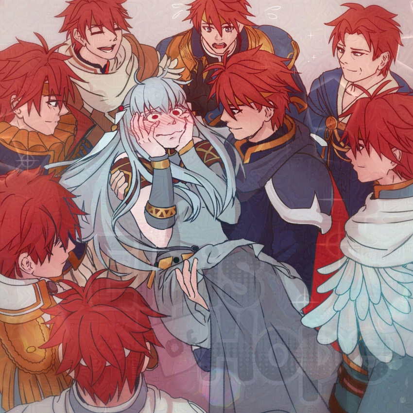 1girl, 6+boys, alternate_form, armlet, blue_dress, blush, bracelet, cape