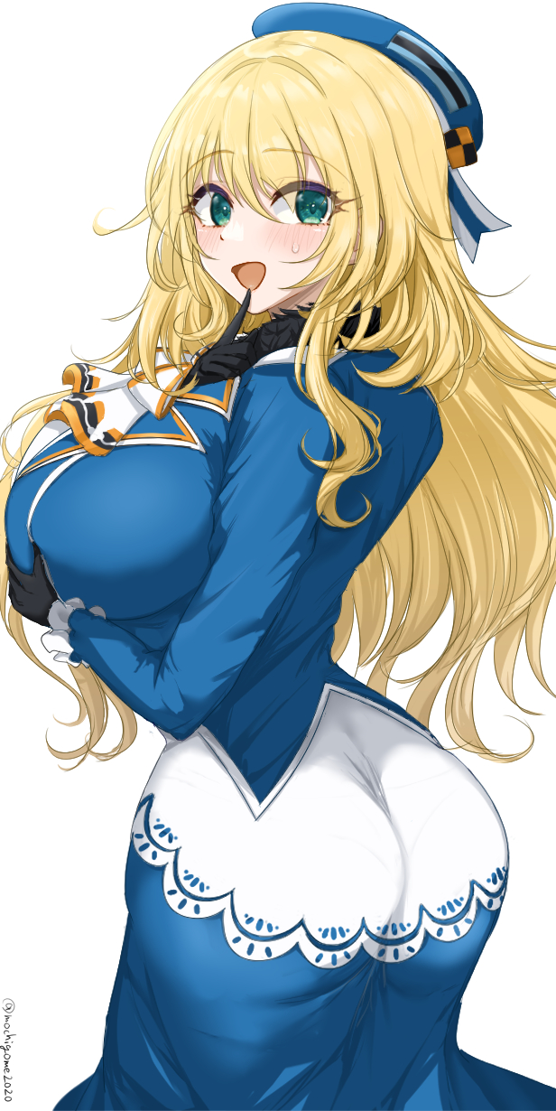 1girl, ass, atago_(kancolle), back, beret, black_gloves, blonde_hair, blue_hat, blush, breasts, chamumi_(mochiumee), cowboy_shot, finger_to_mouth, fur_collar, gloves, green_eyes, hand_on_own_chest, hat, highres, kantai_collection, large_breasts, long_hair, looking_at_viewer, looking_back, military_uniform, open_mouth, simple_background, smile, solo, white_background