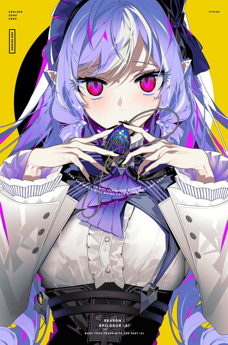 blush, highres, long_hair, looking_at_viewer, multicolored_hair, mzet, pointy_ears, purple_hair, red_eyes, streaked_hair, very_long_hair, vivian_(zenless_zone_zero), wuthering_waves, zenless_zone_zero