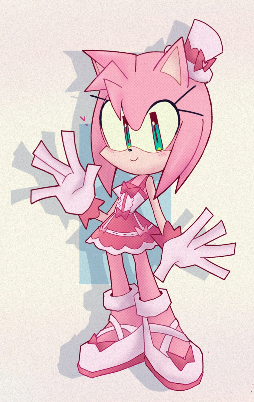 1girl, amy_rose, amy_rose_(valentines), amyrosesimp1, animal_ears, animal_nose, commentary, dress, english_commentary, furry, furry_female, gloves, green_eyes, hat, hedgehog_girl, highres, lolita_fashion, looking_at_viewer, mini_hat, mini_top_hat, official_alternate_costume, pink_fur, short_tail, smile, solo, sonic_(series), sonic_speed_simulator, standing, sweet_lolita, tail, top_hat, waving, white_dress, white_gloves