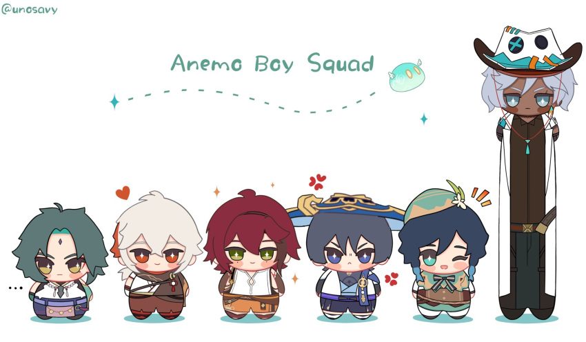 6+boys, anemo_slime_(genshin_impact), black_hair, blue_eyes, blush, chibi, dark-skinned_male, dark_skin, full_body, genshin_impact, gradient_hair, green_eyes, green_hair, grey_eyes, grey_hair, hat, heart, highres, ifa_(genshin_impact), japanese_clothes, kaedehara_kazuha, male_focus, multicolored_hair, multiple_boys, one_eye_closed, open_mouth, red_eyes, red_hair, scaramouche_(genshin_impact), shikanoin_heizou, short_hair, simple_background, smile, unosavy, venti_(genshin_impact), wanderer_(genshin_impact), white_background, white_hair, xiao_(genshin_impact)