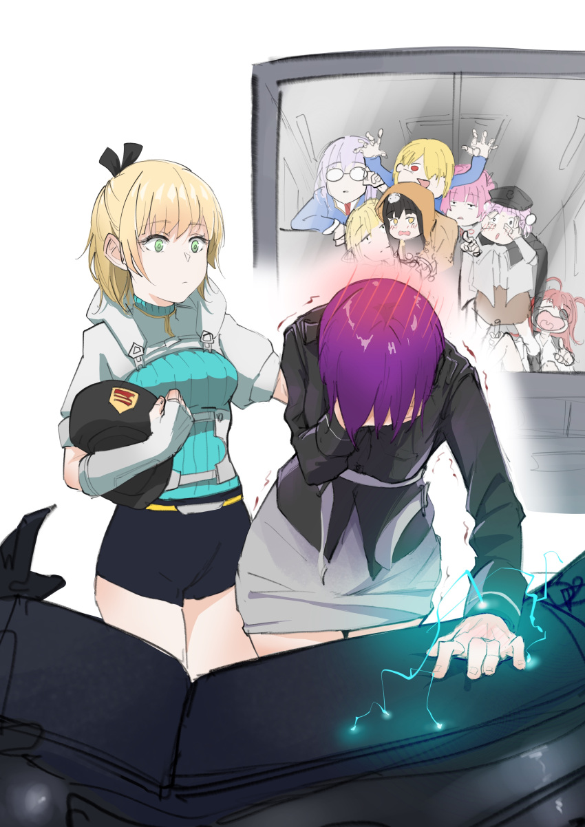 2girls, 6+girls, absurdres, aikawa_megumi, asakura_karen_(heaven_burns_red), asami_makiko_(heaven_burns_red), blonde_hair, blush, breasts, danch331, electricity, green_eyes, hand_on_another's_back, heaven_burns_red, highres, izumi_yuki_(heaven_burns_red), kayamori_ruka, kunimi_tama, multiple_girls, nanase_nanami_(heaven_burns_red), pencil_skirt, purple_hair, shirakawa_yuina, short_hair, skirt, team_31a_(heaven_burns_red), tezuka_saki, toujou_tsukasa, white_background, yuri
