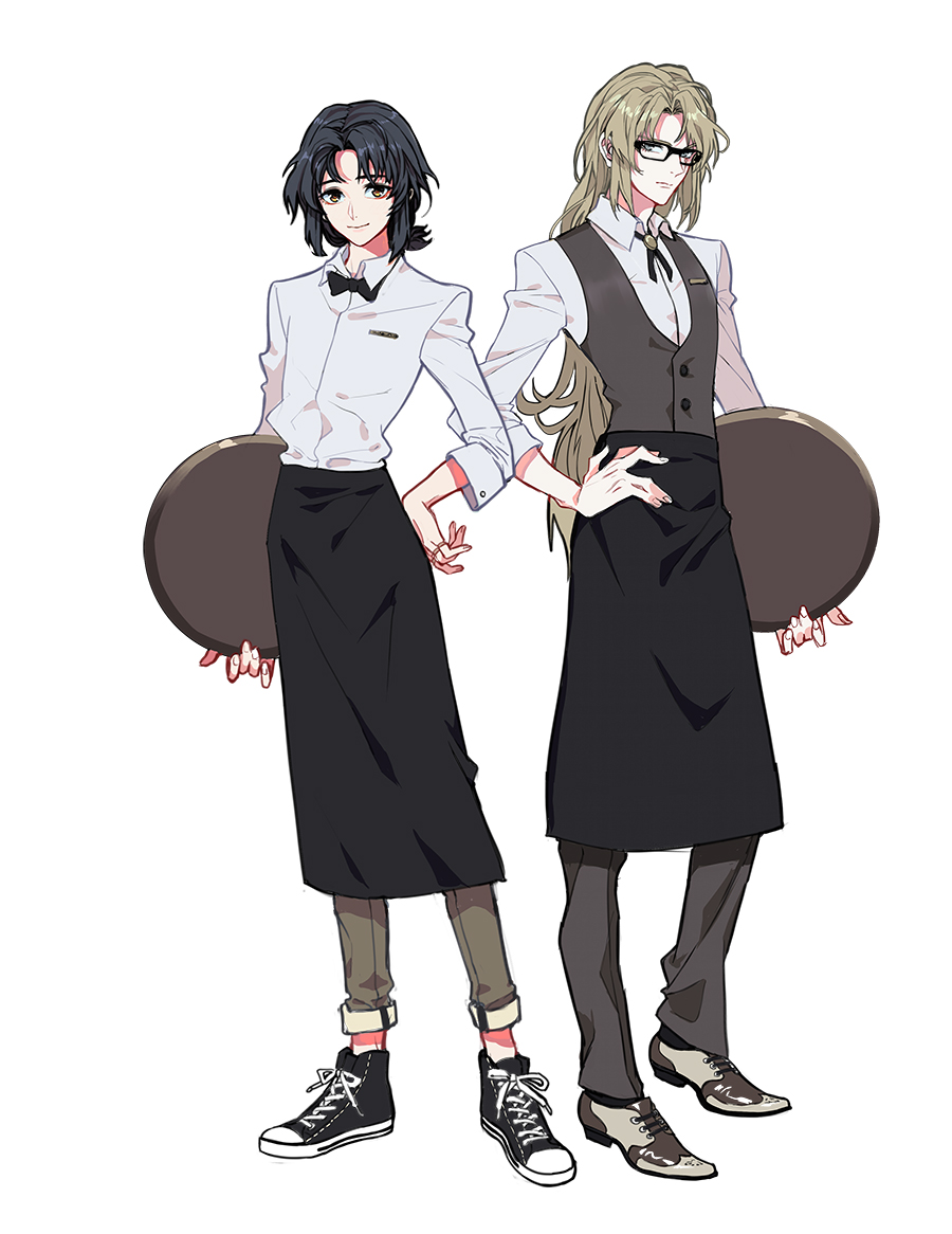 2boys, alternate_costume, apron, black_bow, black_hair, black_pants, black_vest, blonde_hair