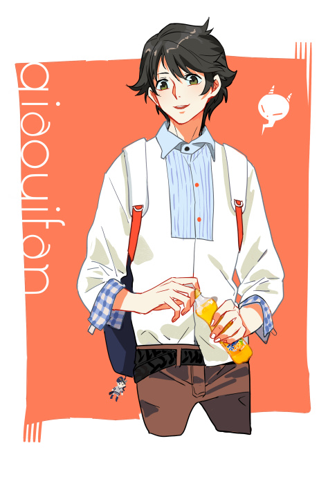 1boy, backpack, bag, bag_charm, belt, black_hair, bottle, brown_eyes, brown_pants, character_doll, character_name, charm_(object), cowboy_shot, holding, holding_bottle, jokerplaner, long_sleeves, looking_at_viewer, male_focus, open_mouth, orange_background, pants, qiao_yifan, quanzhi_gaoshou, shirt, simple_background, smile, solo, white_background, white_shirt
