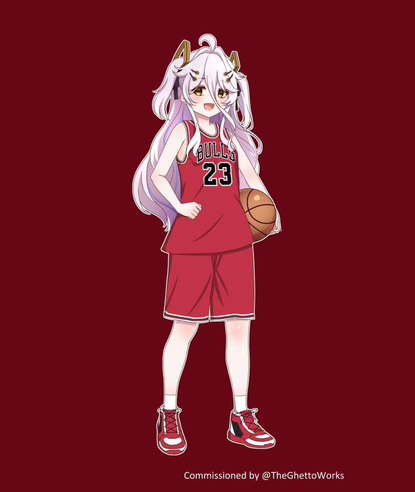 1girl, ahoge, ball, basketball_(object), basketball_jersey, basketball_uniform, chicago_bulls, commentary