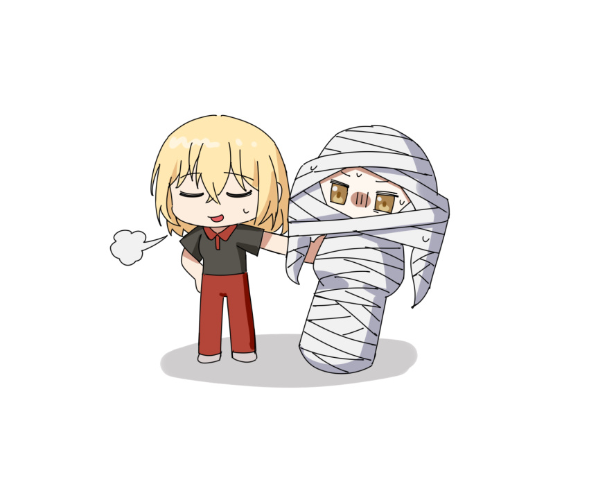 2girls, bang_dream!, bang_dream!_it's_mygo!!!!!, black_shirt, blonde_hair, commentary, dated_commentary, highres, medium_hair, misumi_uika, multiple_girls, mummification_(non_bound), nerv, pants, puff_of_air, red_pants, shirt, simple_background, togawa_sakiko, white_background, yellow_eyes, yzj21333