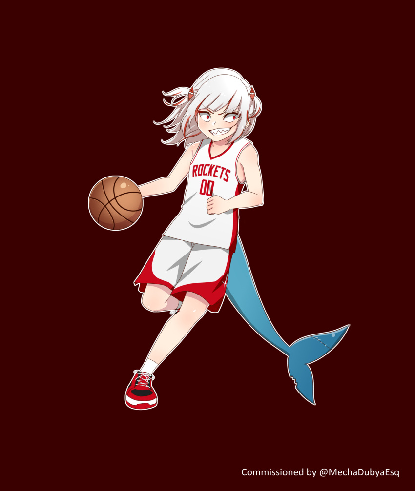 1girl, ball, basketball_(object), basketball_jersey, basketball_uniform, commentary, commissioner_name, evil_grin