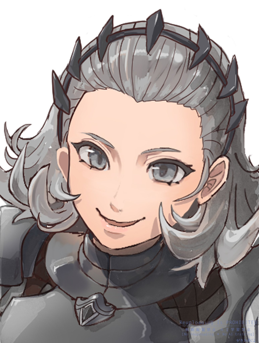 1girl, fire_emblem, fire_emblem_fates, grey_armor, grey_eyes, grey_hair, hair_slicked_back, hairband