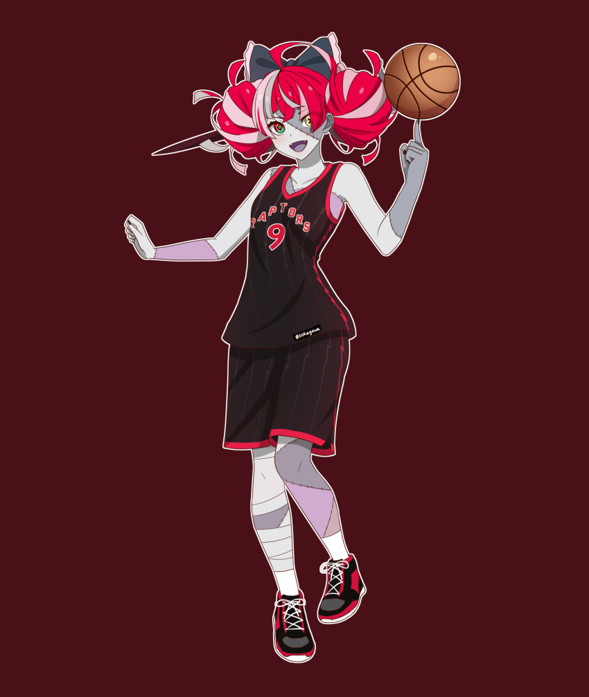 1girl, balancing_on_finger, ball, basketball_(object), basketball_jersey, basketball_uniform, black_shoes, bow