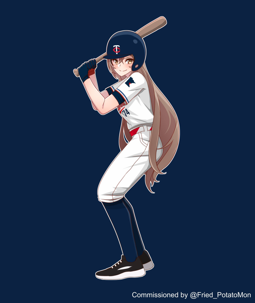 1girl, baseball_bat, baseball_helmet, baseball_uniform, black_gloves, black_shoes, blue_socks, brown_eyes, brown_hair, commentary, commission, commissioner_name, english_commentary, full_body, gloves, helmet, highres, holding, holding_baseball_bat, hololive, hololive_english, minnesota_twins, nanashi_mumei, pants, shoes, smile, sneakers, snkagawa, socks, solo, sportswear, virtual_youtuber, white_pants