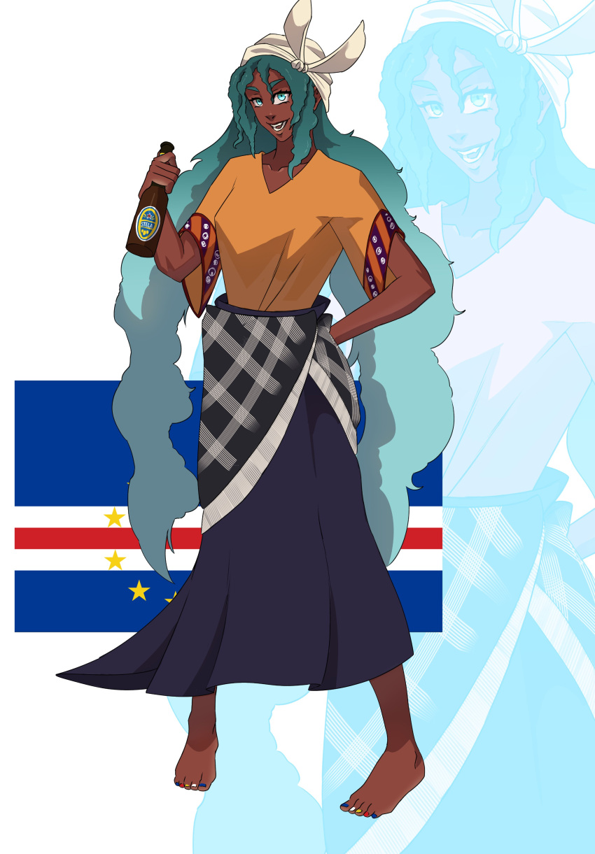 1girl, absurdres, araptif, barefoot, cape_verde, dark_skin, dress, feet