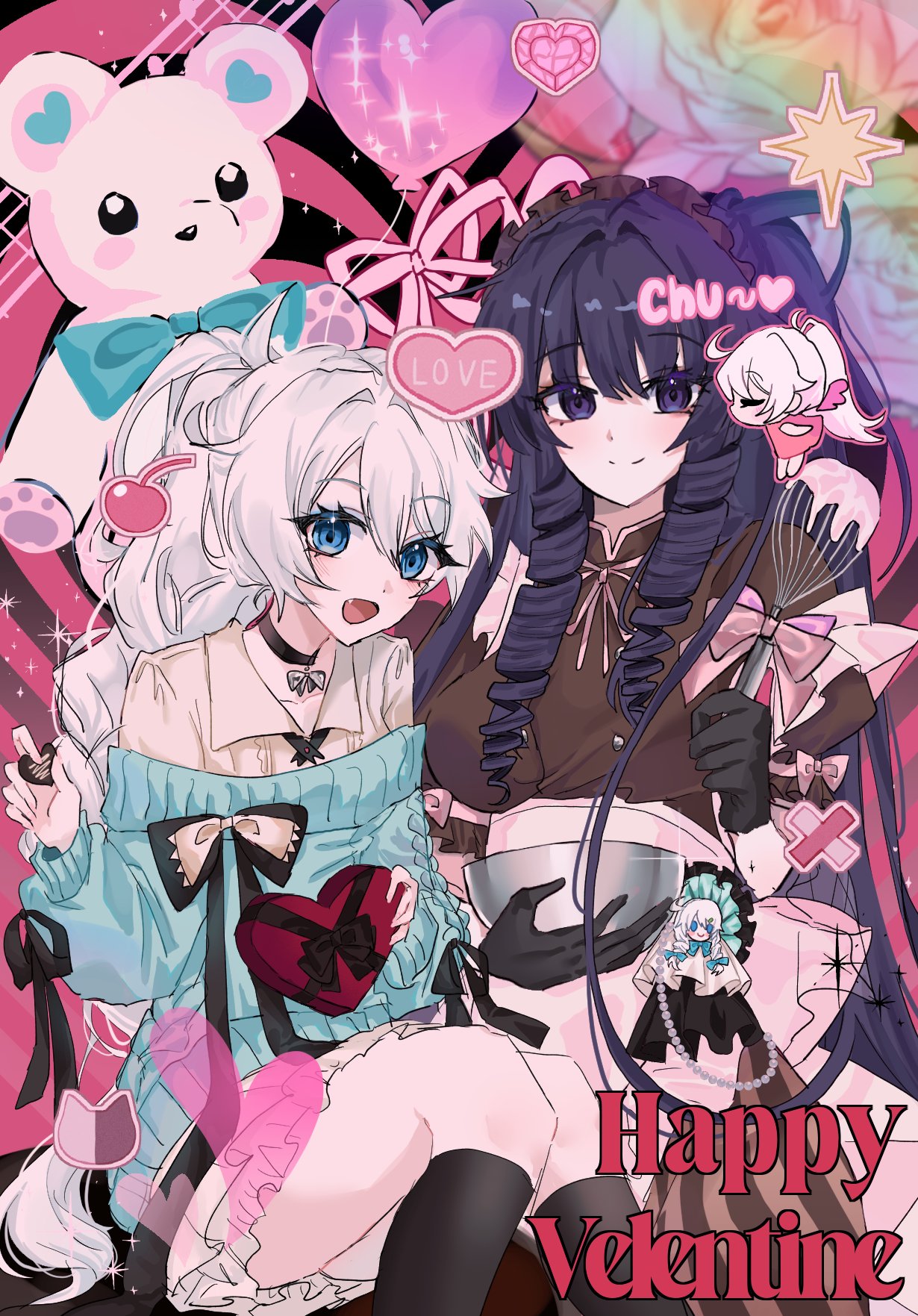 balloon, black_choker, black_gloves, black_socks, blue_eyes, blue_sweater, bow, bow_choker