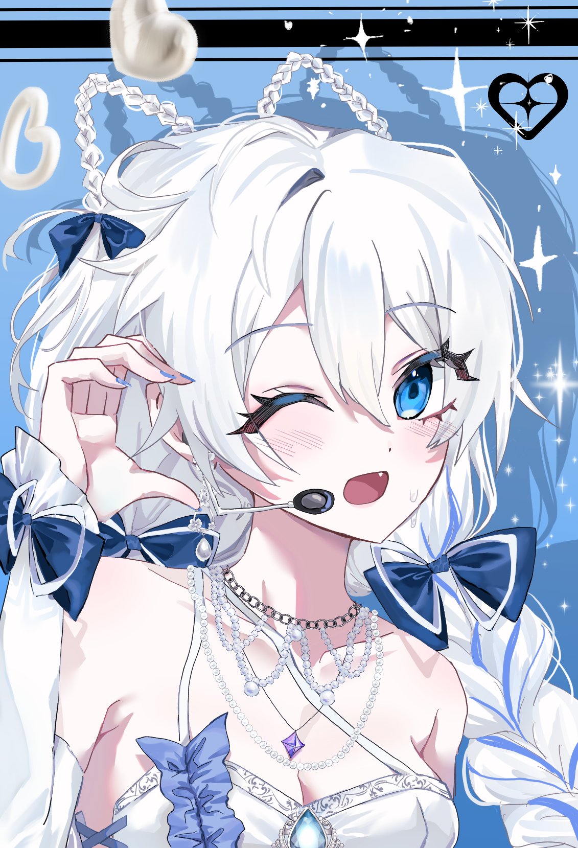 1girl, animal_ears, blue_background, blue_bow, blue_eyes, bow, braid, cat_ears