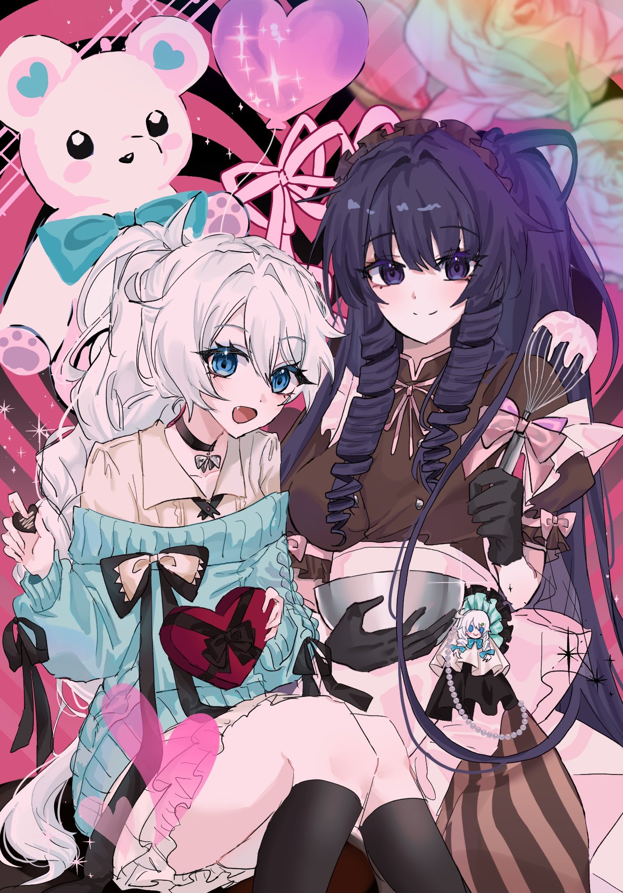 balloon, black_choker, black_gloves, black_socks, blue_eyes, blue_sweater, bow, bow_choker