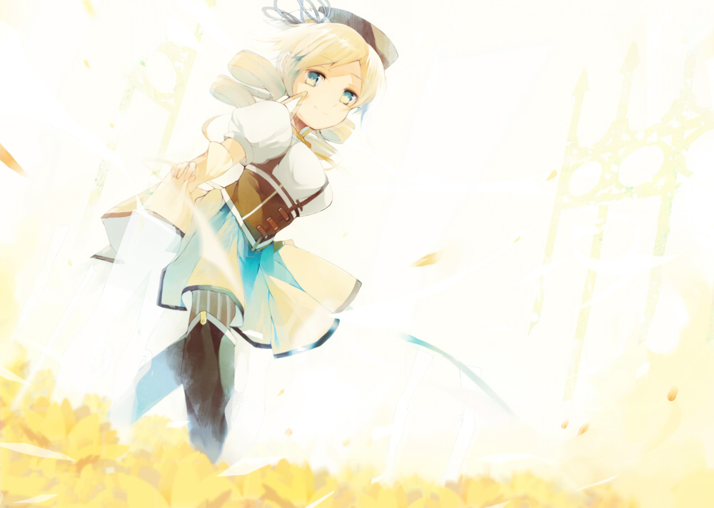 blonde_hair, boots, drill_hair, hat, hinata123, mahou_shoujo_madoka_magica, skirt, skirt_hold