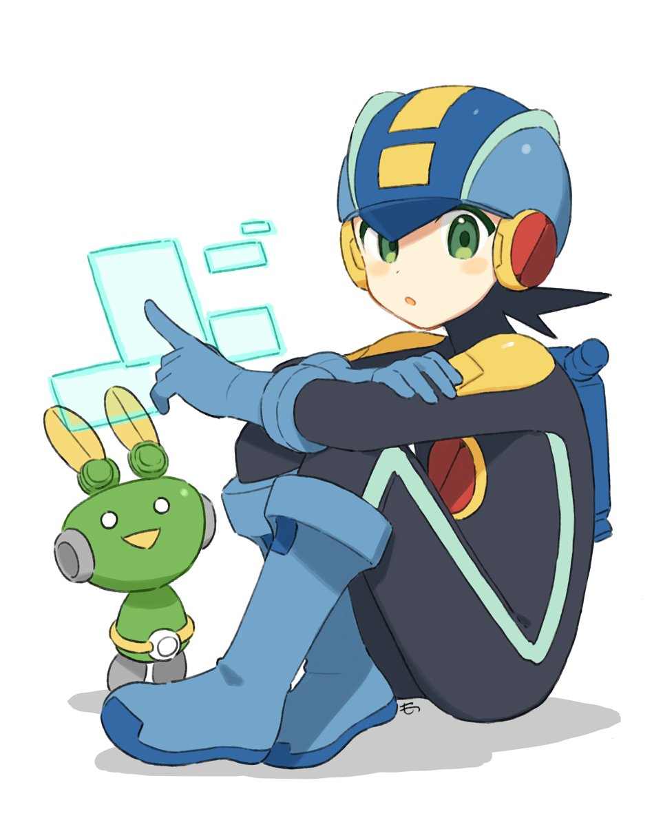 1boy, blue_bodysuit, blue_helmet, blush, bodysuit, full_body, green_eyes, helmet, highres, holographic_interface, looking_at_viewer, male_focus, mega_man_(series), mega_man_battle_network_(series), megaman.exe, motu_ohasyagi, mr._prog_(mega_man), netnavi, simple_background, white_background