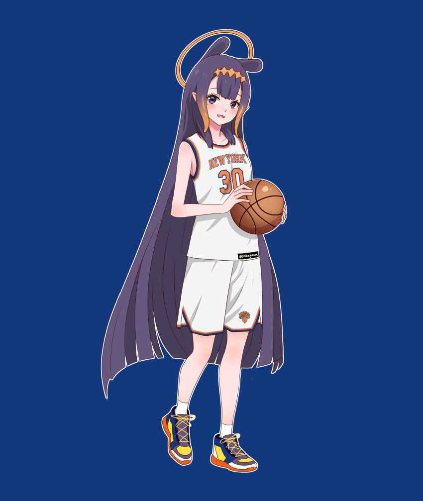 1girl, ball, basketball_(object), basketball_jersey, basketball_uniform, blue_background, blue_eyes, blue_shoes