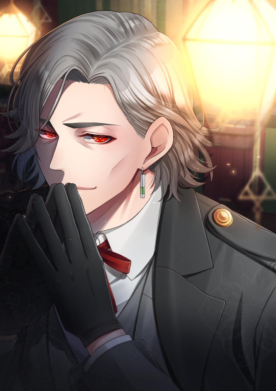 1boy, black_coat, black_gloves, black_jacket, black_vest, blurry, blurry_background, bow