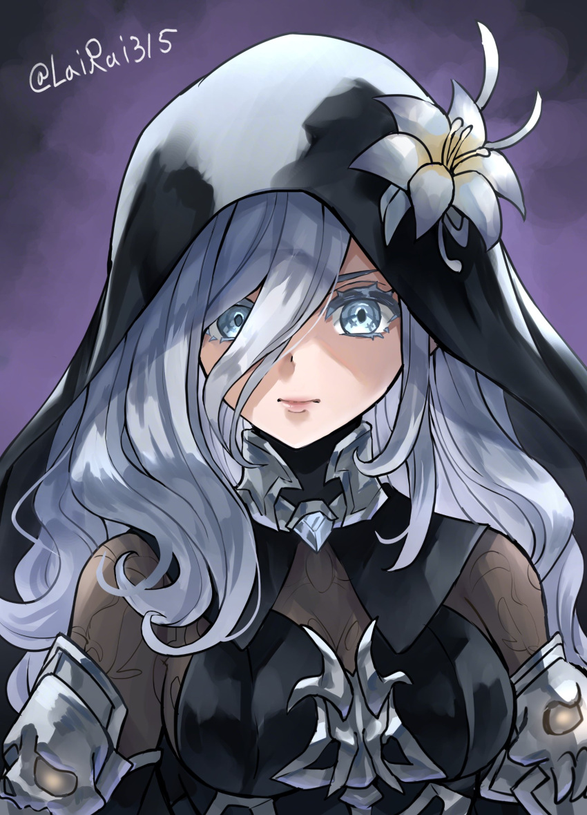 1girl, 888666, absurdres, black_dress, black_veil, blue_eyes, breasts, colored_eyelashes, commentary_request, dragon_quest, dragon_quest_walk, dress, flower, hair_between_eyes, highres, lily_(flower), long_hair, looking_at_viewer, medium_breasts, purple_background, skull, solo, twitter_username, upper_body, veil, white_hair, zearu_(dqw)