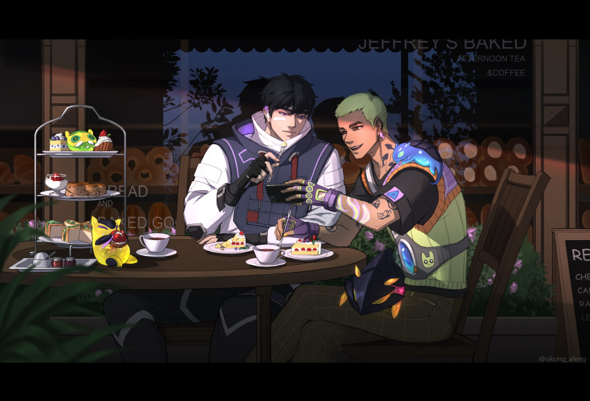 2boys, 4others, absurdres, bandaid, bandaid_on_face, black_hair, cafe, cake
