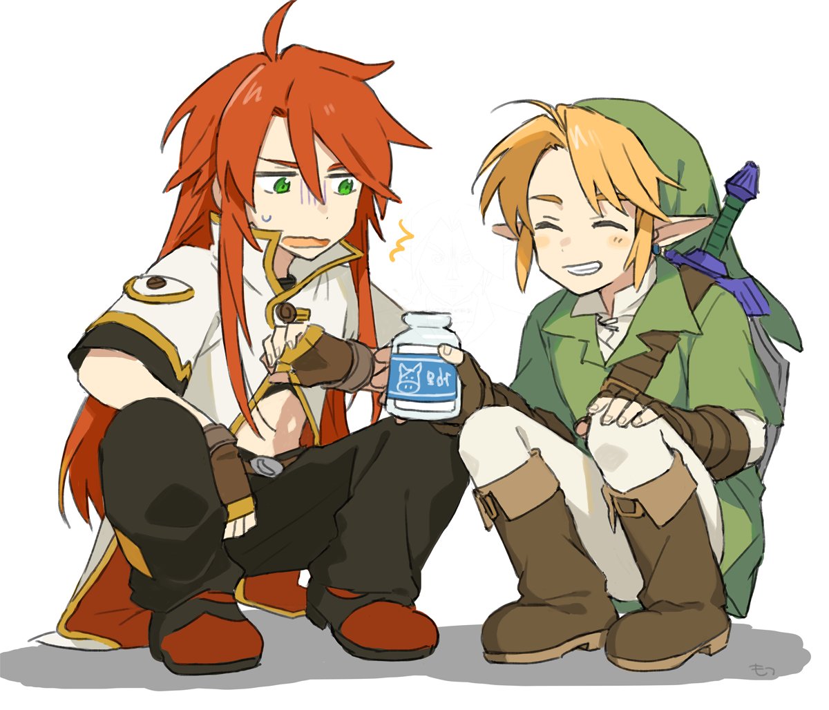 2boys, ^_^, black_pants, blonde_hair, boots, bottle, brown_boots, brown_gloves