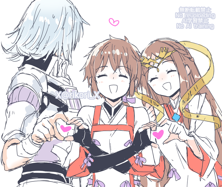 1boy, 2girls, :d, ^_^, artist_name, brown_hair, closed_eyes, commentary