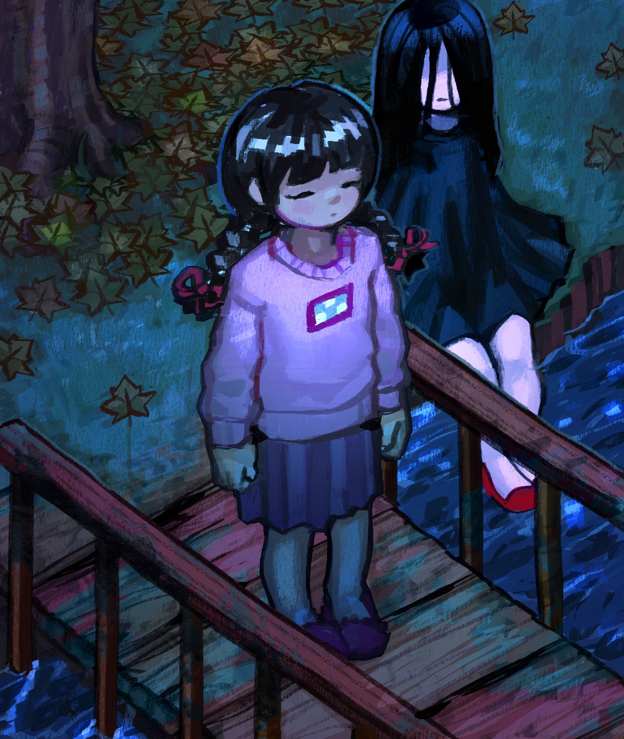 2girls, black_hair, braided_twintails, bridge, character_request, closed_eyes, closed_mouth, commentary