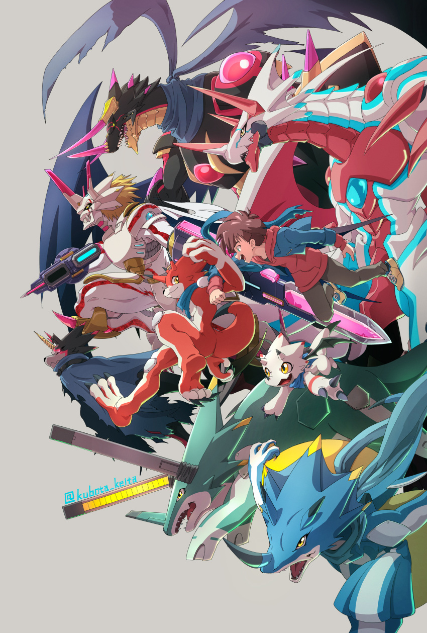 1boy, 2others, absurdres, amanokawa_hiro, arm_blade, arm_cannon, armor, bandana, bandana_around_neck, betelgammamon, black_sclera, black_skin, blonde_hair, blue_bandana, blue_cloak, blue_jacket, blue_scarf, blue_skin, brown_hair, brown_pants, cannon, canoweissmon, claws, cloak, colored_sclera, colored_skin, commentary_request, digimon, digimon_(creature), digimon_ghost_game, dragon, dragon_wings, energy_gun, evolutionary_line, furry, gammamon, green_eyes, green_skin, grey_background, gulusgammamon, highres, hood, hood_down, hoodie, horns, jacket, kausgammamon, kubota_keita, male_focus, multiple_others, pants, red_hoodie, red_skin, regulusmon, revision, scar, scar_on_ear, scarf, sharp_teeth, short_hair, single_horn, siriusmon, sword, teeth, torn_cloak, torn_clothes, triceratops, twitter_username, violet_eyes, weapon, wezengammamon, white_armor, white_skin, wings, yellow_eyes