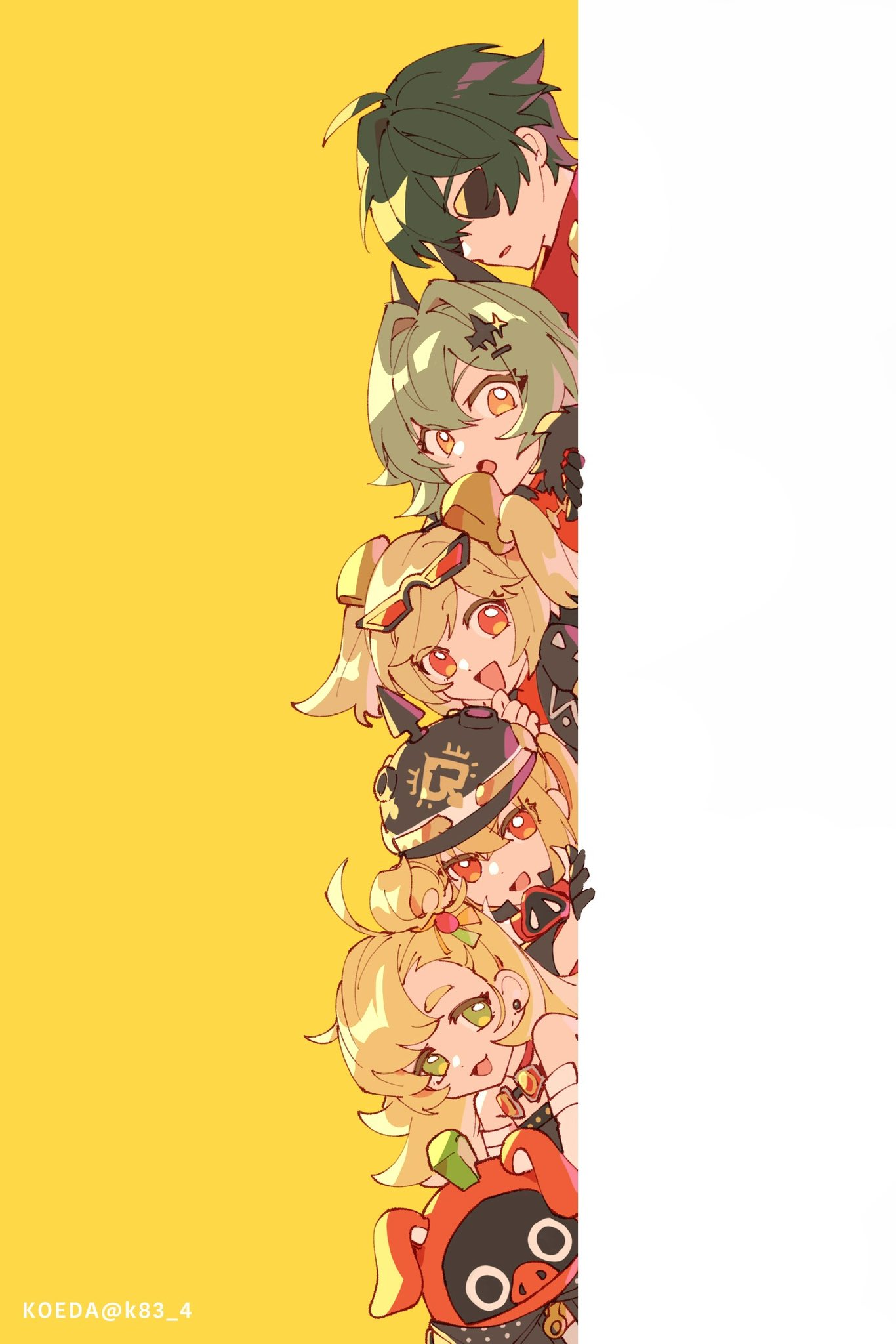 1boy, 4girls, bangboo_(zenless_zone_zero), black_gloves, black_hair, blonde_hair, burnice_white, caesar_king_(zenless_zone_zero), combat_helmet, commentary_request, eyewear_on_head, gloves, goggles, goggles_around_neck, green_eyes, green_hair, hair_between_eyes, hair_ornament, helmet, highres, koeda_(k83_4), lighter_(zenless_zone_zero), luciana_de_montefio, mask, mask_around_neck, multiple_girls, open_mouth, peeking_out, pickelhaube, piper_wheel, red_eyes, red_moccus_(zenless_zone_zero), simple_background, sunglasses, twitter_username, yellow_background, zenless_zone_zero