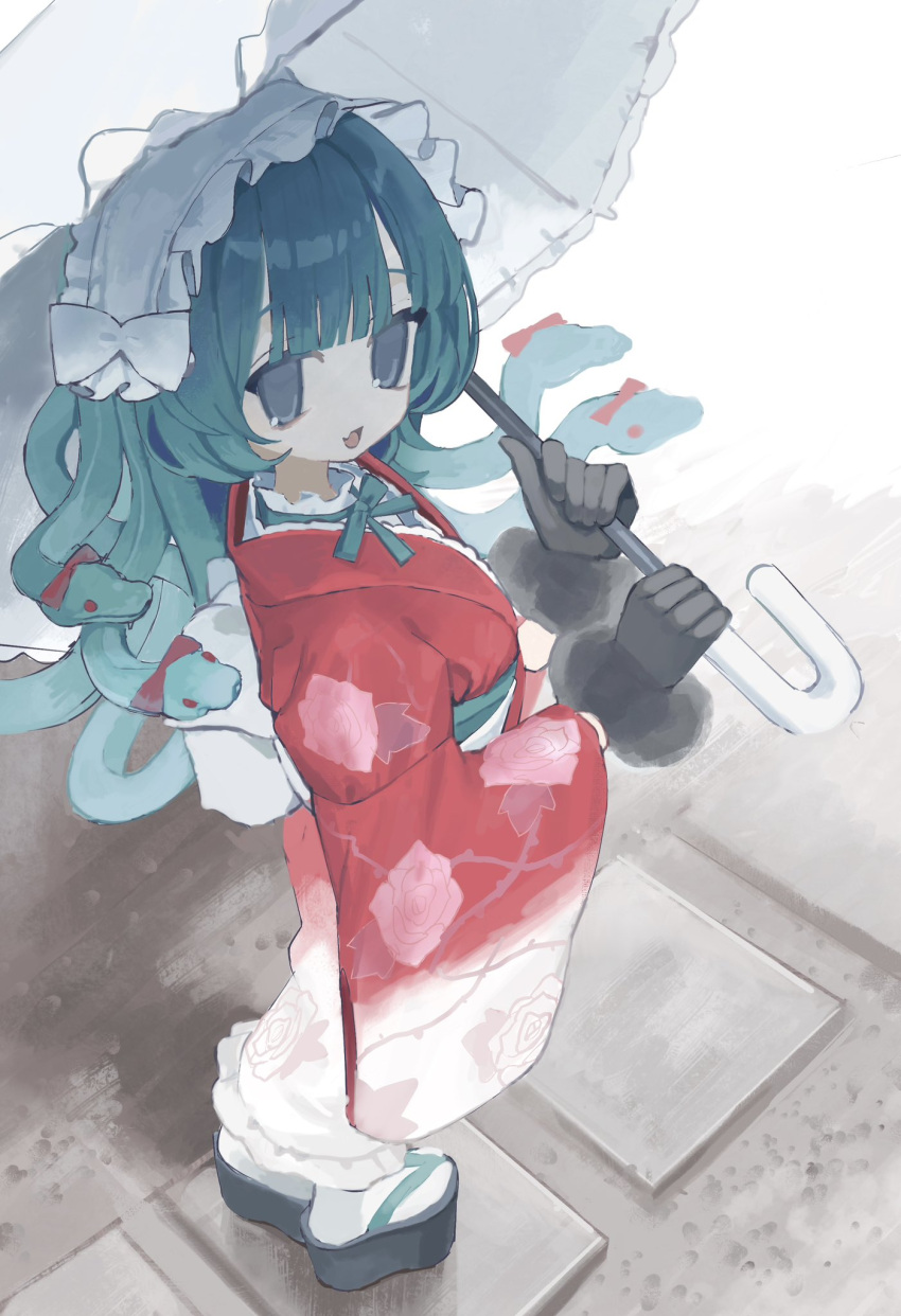 1girl, :d, aqua_eyes, aqua_hair, aqua_ribbon, aqua_sash, black_gloves, collar