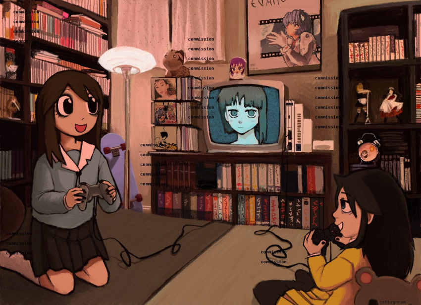 :d, ayanami_rei, azumanga_daioh, azumanga_daioh's_school_uniform, bags_under_eyes, bedroom, black_eyes, black_hair, black_nails, black_pantyhose, black_skirt, blazer, blue_shirt, bookshelf, brown_hair, commission, controller, crt, eyeshadow, figure, fumo_(doll), game_console, game_controller, hair_between_eyes, holding, holding_controller, holding_game_controller, iwakura_lain, jacket, kasuga_ayumu, kneeling, kuroki_tomoko, lamp, long_hair, long_sleeves, makeup, mayaa_(azumanga_daioh), multiple_girls, neon_genesis_evangelion, no_shoes, on_bed, open_mouth, pantyhose, playing_games, playstation_2, playstation_controller, pleated_skirt, poster_(object), sailor_collar, school_uniform, serafuku, serial_experiments_lain, shirt, shoes, skateboard, skirt, smile, stuffed_animal, stuffed_toy, t0mokinnie, television, watashi_ga_motenai_no_wa_dou_kangaetemo_omaera_ga_warui!, watermark, white_sailor_collar, white_shoes, yellow_jacket, yellow_skirt