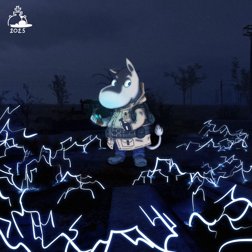 2025, adapted_costume, anomaly_(stalker), antykvarnyy_kalamar, belt, blue_eyes, colored_skin, crossover, denim, electricity, fingerless_gloves, gameplay_mechanics, gloves, highres, jeans, moomin, moomintroll, pants, screenshot_background, shaded_face, stalker_(game), stalker_2:_heart_of_chornobyl, tail, white_skin