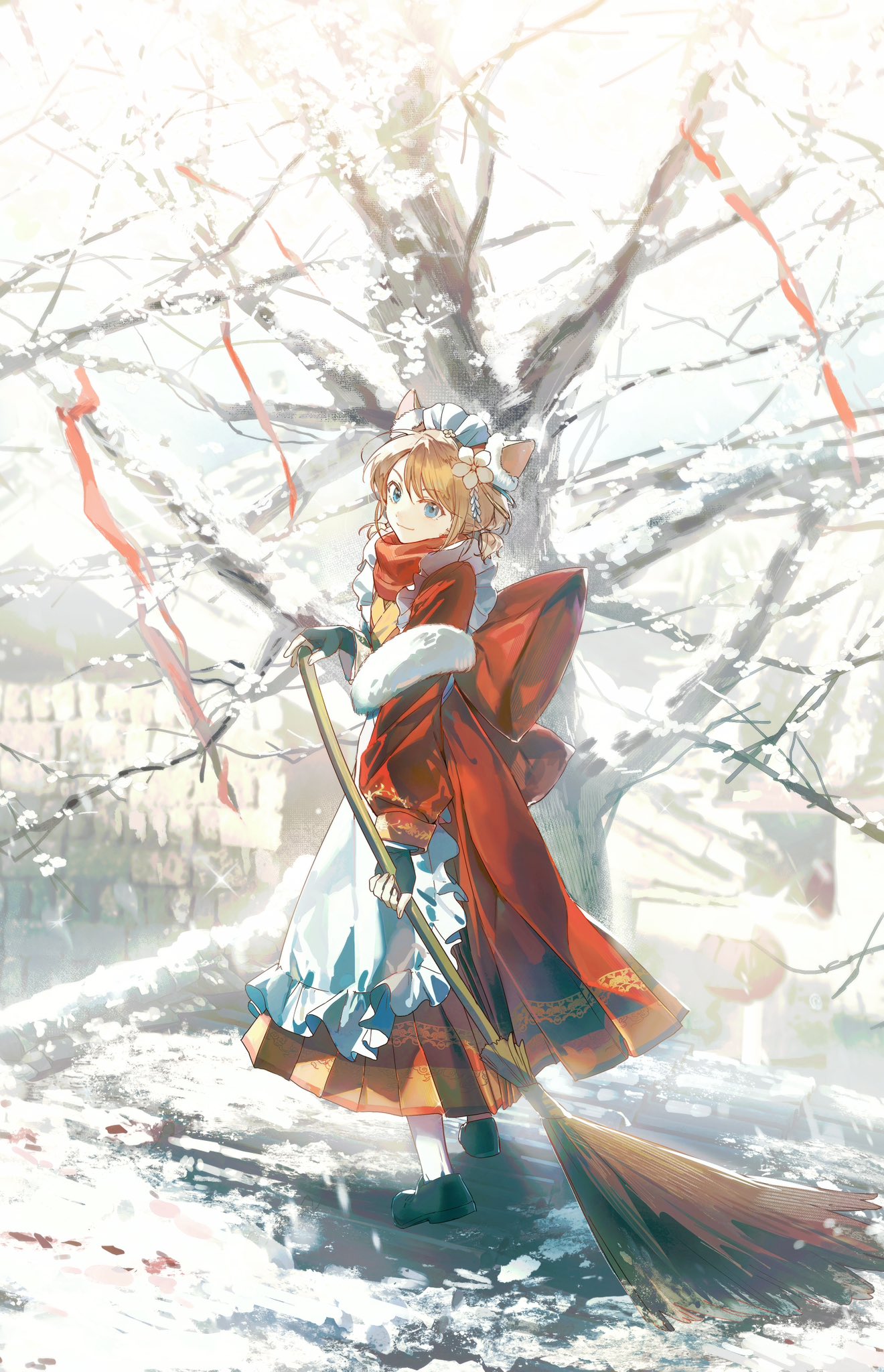 1girl, almond_(almond_platter)_(arknights), almond_(arknights), animal_ears, apron, arknights, bare_tree, black_gloves