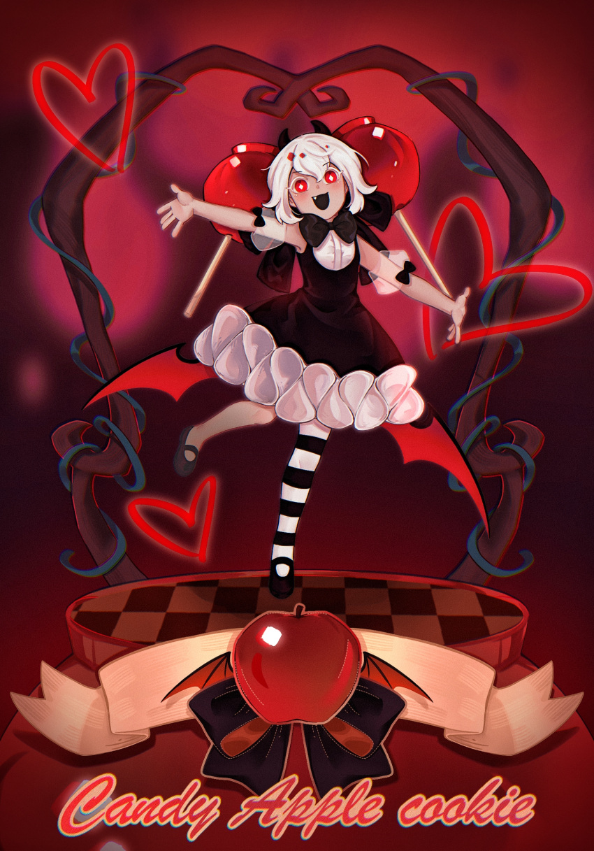 1girl, black_bow, black_bowtie, black_dress, bow, bowtie, candle_tapir, candy_apple, candy_apple_cookie, character_name, cookie_run, cookie_run:_kingdom, dress, food, full_body, highres, humanization, looking_at_viewer, open_mouth, puffy_sleeves, red_eyes, short_hair, smile, white_hair